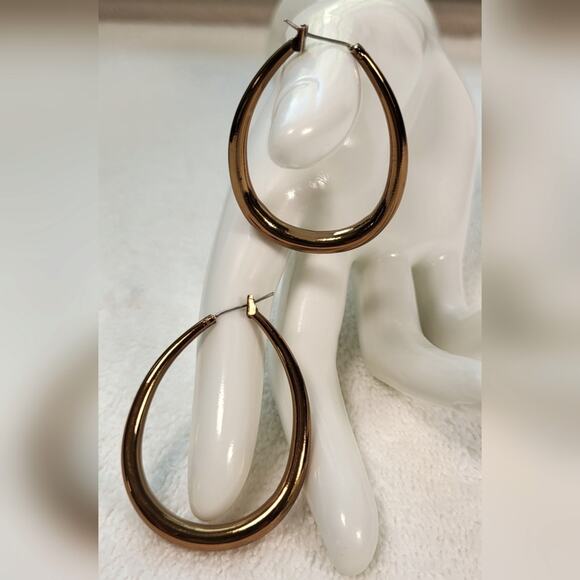 None Jewelry - Bronze Gold Oval Egg Shape Hoop Earrings / Pierced